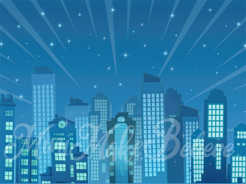 Torta smash per compleanno supereroico con sfondo notturno di edifici della città disegnato da Mini MakeBelieve