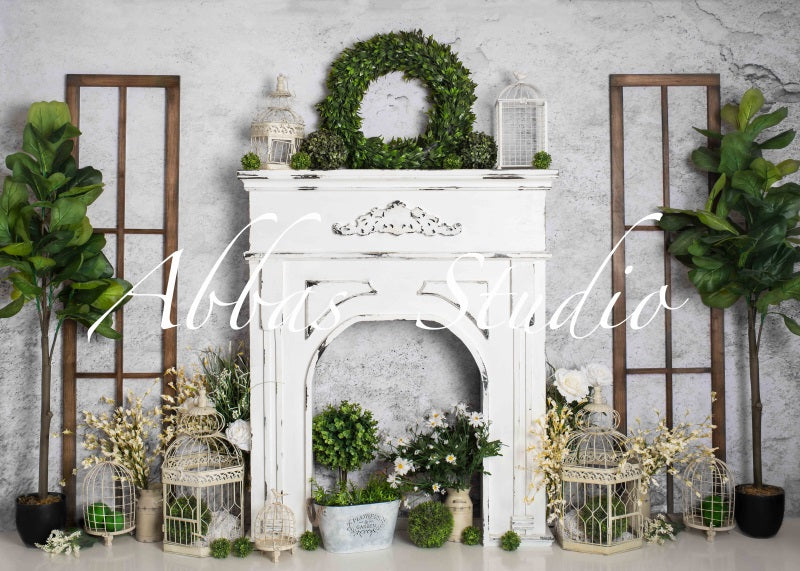 Kate Spring Fireplace Greens And White Backdrop Designed by Abbas Studio