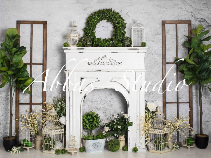 Kate Spring Fireplace Greens And White Backdrop Designed by Abbas Studio