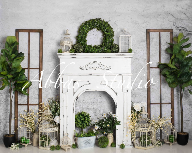 Kate Spring Fireplace Greens And White Backdrop Designed by Abbas Studio