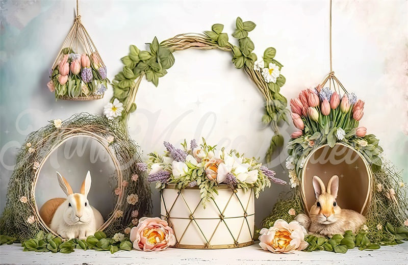 Set di sfondi abbinati Kate Painterly Easter Bunny Basket progettato da Mini MakeBelieve