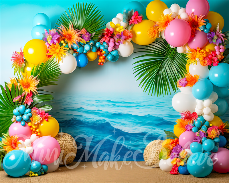 Telo da sfondo per smash the cake di compleanno con archi floreali e di palloncini disegnato da Mini MakeBelieve