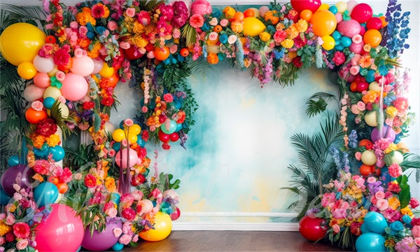 Pittore di arte astratta tropicale con un arco di palloncini floreali: sfondo ad acquerello progettato da Mini MakeBelieve