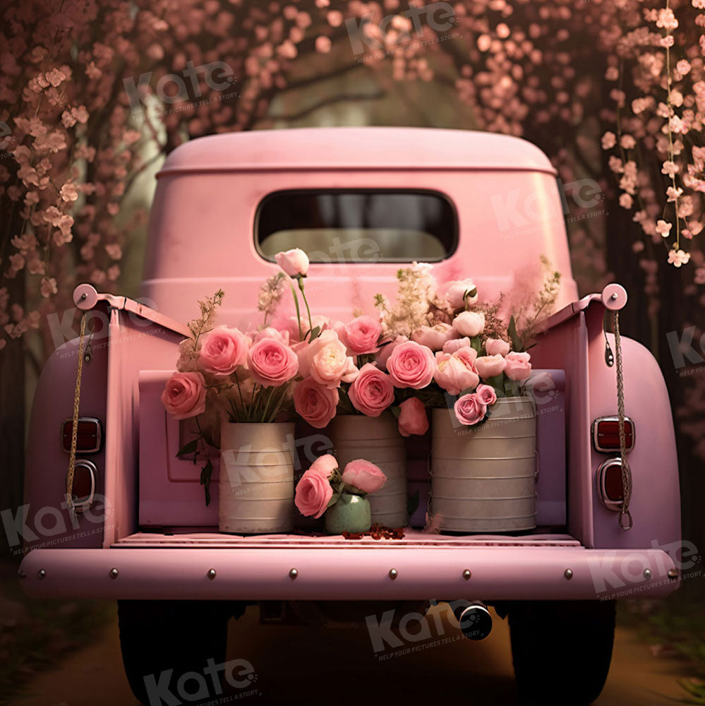 Sfondo decorativo per San Valentino per animali domestici con camion rosa e fiori, progettato da Chain Photography