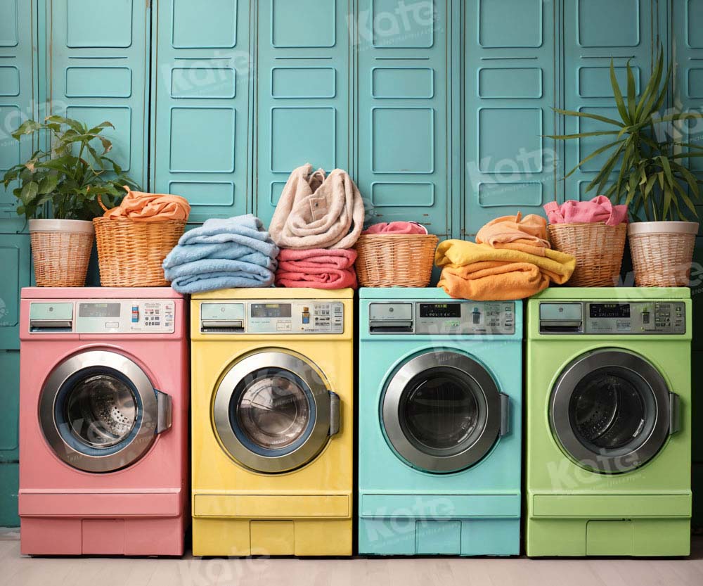 Pet Laundry Day Kleurrijke Wasmachine Lente Achtergrond Ontworpen door Chain Photography