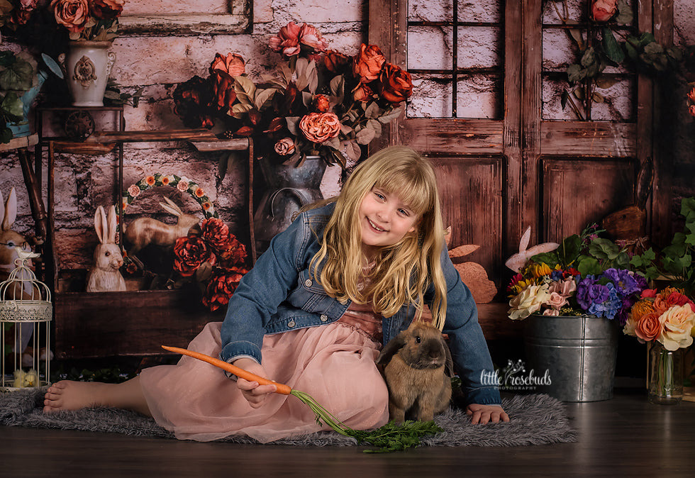 Kate Spring Easter Bunny Red Flowers Backdrop Designed by Rose Abbas - Kate Backdrop