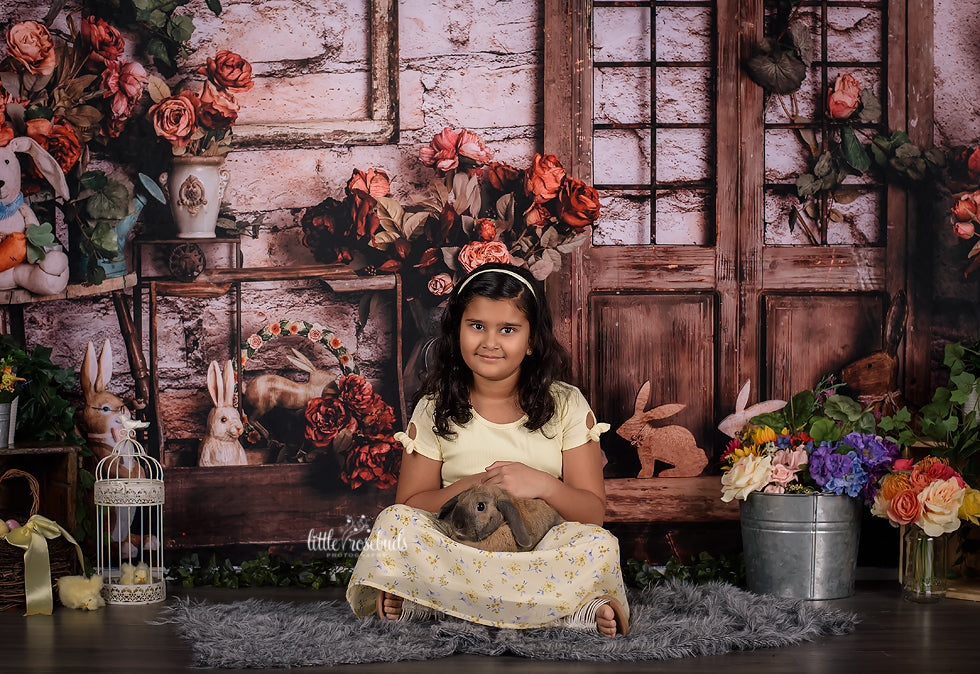 Kate Spring Easter Bunny Red Flowers Backdrop Designed by Rose Abbas - Kate Backdrop