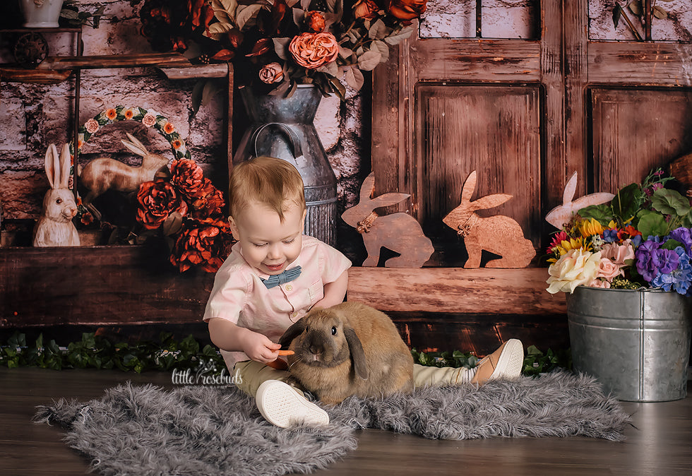 Kate Spring Easter Bunny Red Flowers Backdrop Designed by Rose Abbas - Kate Backdrop