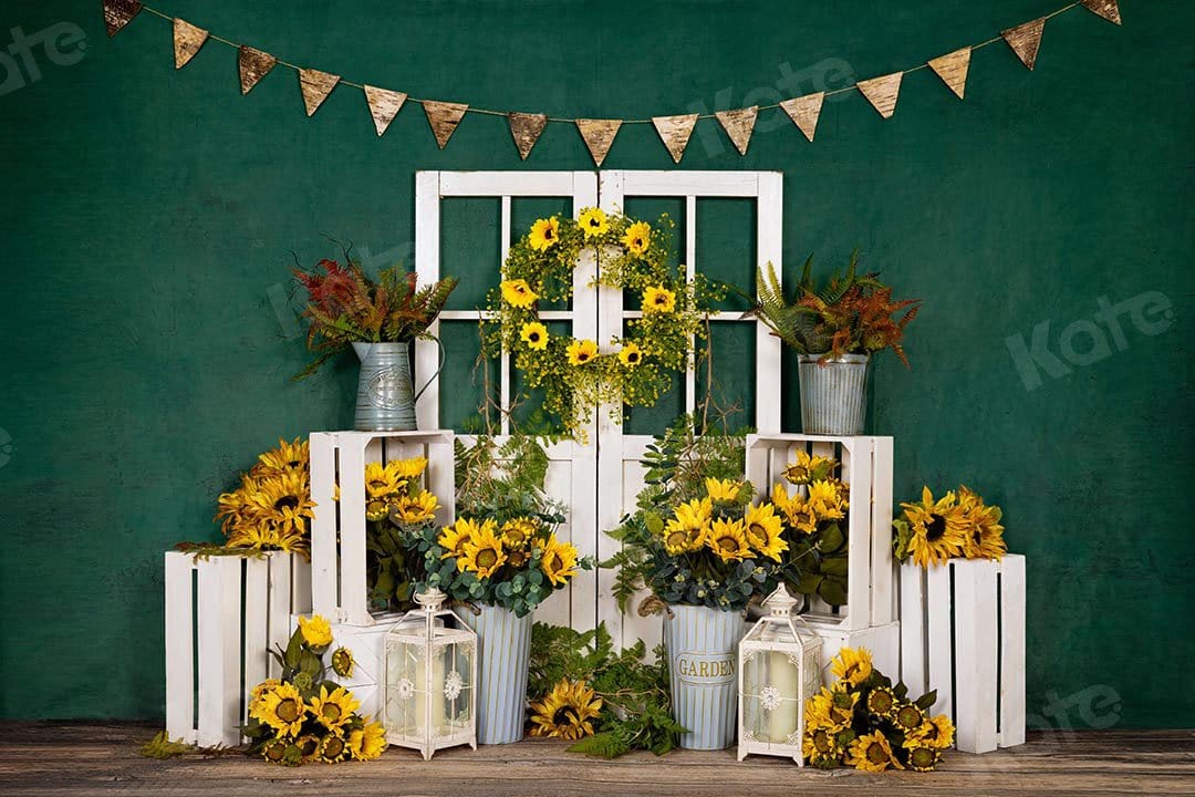 Kate Spring Sunflowers White Door Green Backdrop Designed by Emetselch - Kate Backdrop