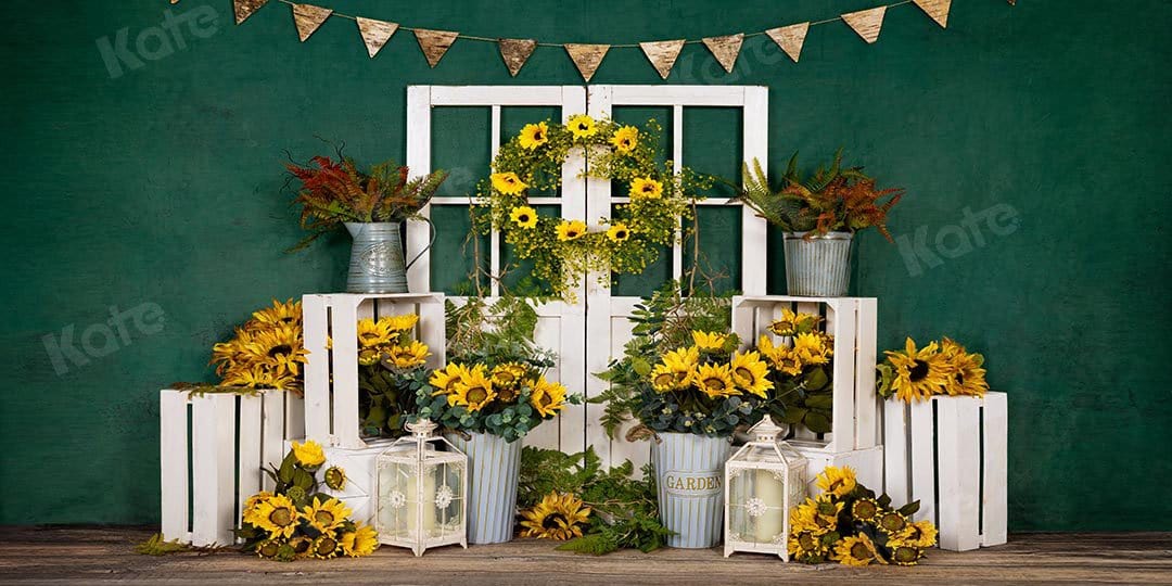 Kate Spring Sunflowers White Door Green Backdrop Designed by Emetselch - Kate Backdrop