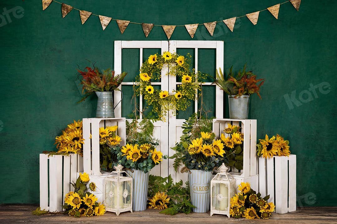 Kate Spring Sunflowers White Door Green Backdrop Designed by Emetselch - Kate Backdrop