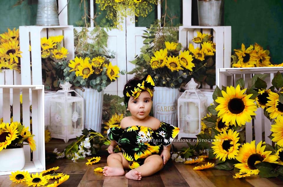 Kate Spring Sunflowers White Door Green Backdrop Designed by Emetselch - Kate Backdrop