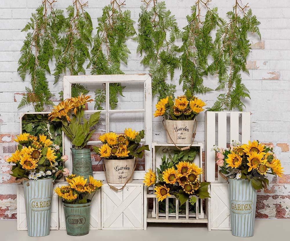 Kate Spring Sunflowers White Brick Wall Backdrop Designed by Emetselch - Kate Backdrop