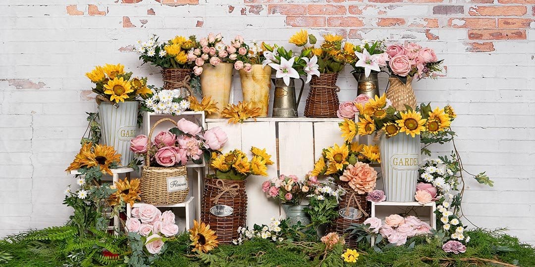 Kate Spring Flower Shop Sunflower Brick Wall Backdrop Designed by Emetselch - Kate Backdrop