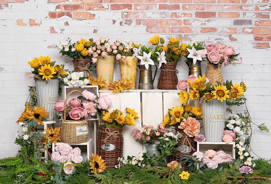 Kate Spring Flower Shop Sunflower Brick Wall Backdrop Designed by Emetselch - Kate Backdrop