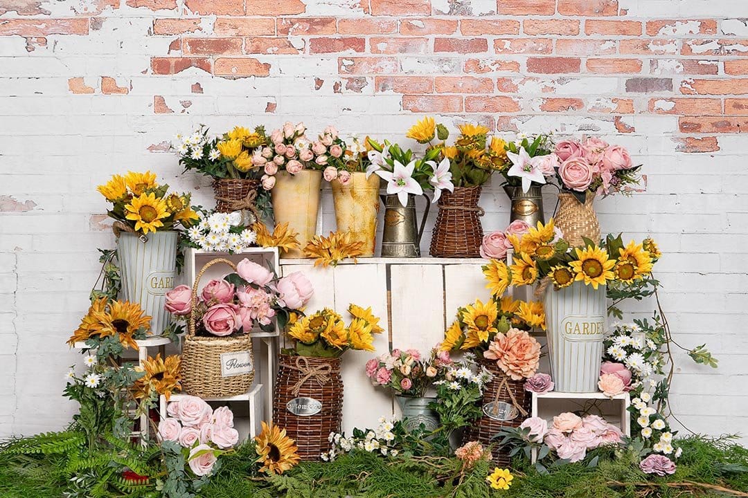 Kate Spring Flower Shop Sunflower Brick Wall Backdrop Designed by Emetselch - Kate Backdrop