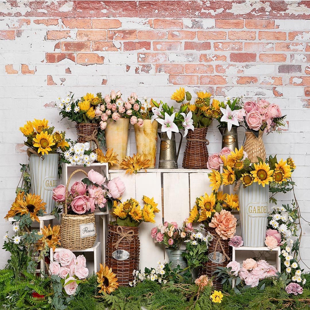 Kate Spring Flower Shop Sunflower Brick Wall Backdrop Designed by Emetselch - Kate Backdrop