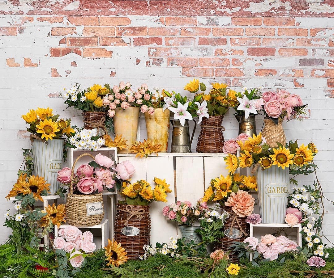 Kate Spring Flower Shop Sunflower Brick Wall Backdrop Designed by Emetselch - Kate Backdrop