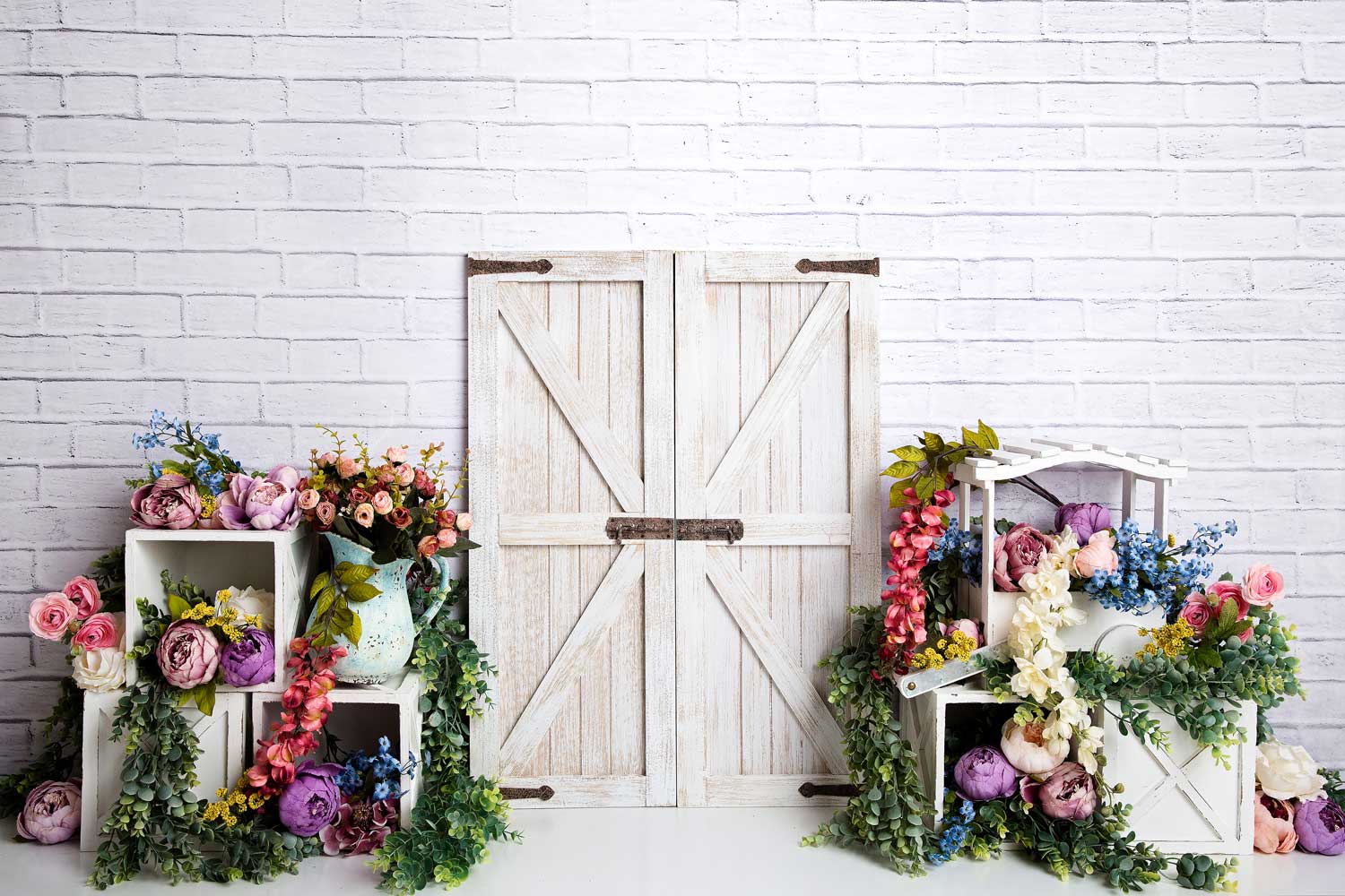 Kate Spring Colorful Flowers Barn Door Backdrop Designed by Megan Leigh Photography - Kate Backdrop