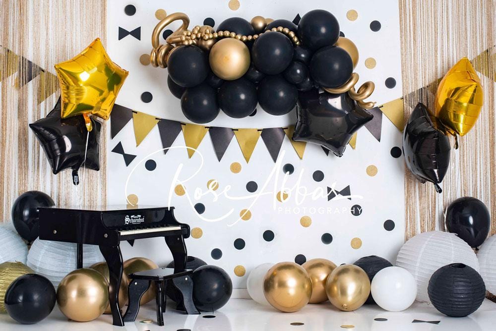 Kate Cake Smash Gold Black Balloons Backdrop Designed by Rose Abbas - Kate Backdrop