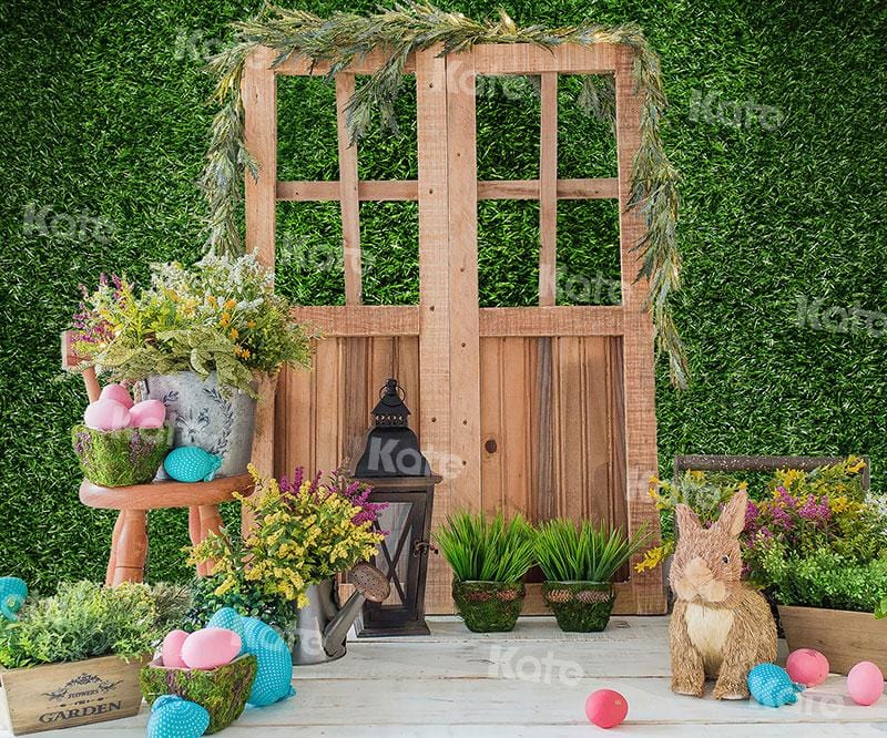 Kate Spring/Easter Eggs Bunny Door Green Grasses Wall Backdrop for Photography - Kate Backdrop