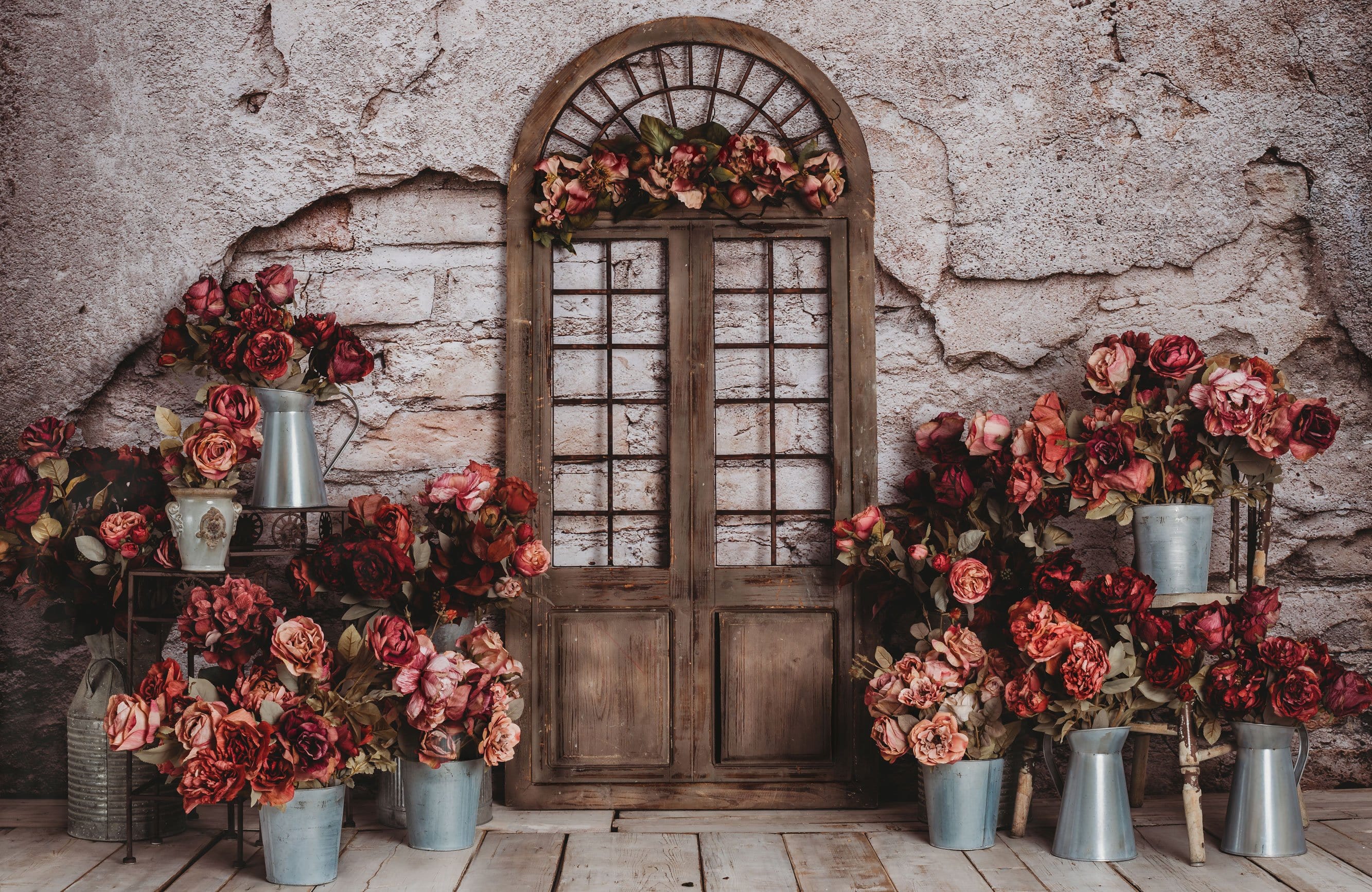 Kate Spring Red Flowers Door Do Old Brick Wall backdrop Designed by Rose Abbas - Kate Backdrop