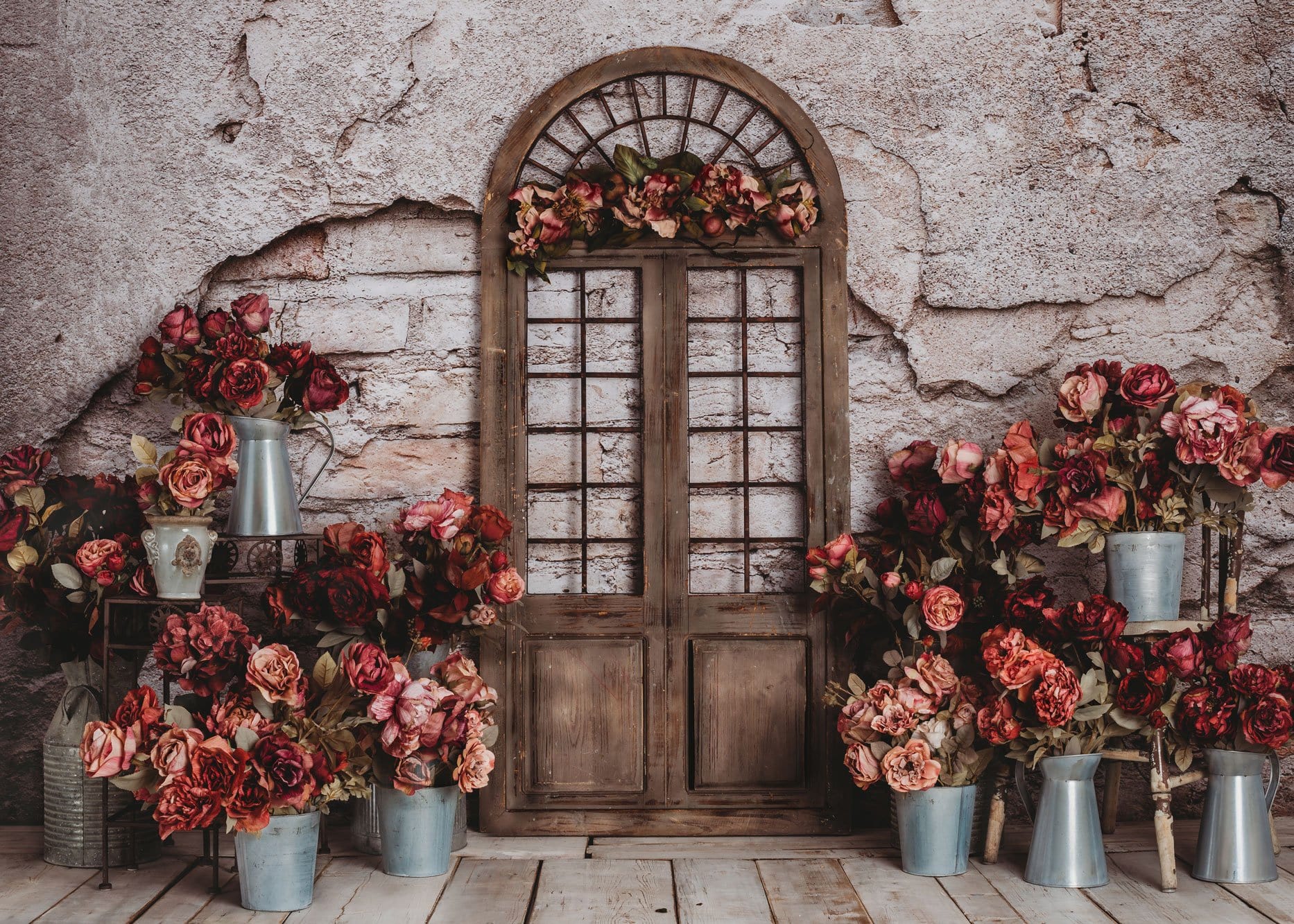 Kate Spring Red Flowers Door Do Old Brick Wall backdrop Designed by Rose Abbas - Kate Backdrop