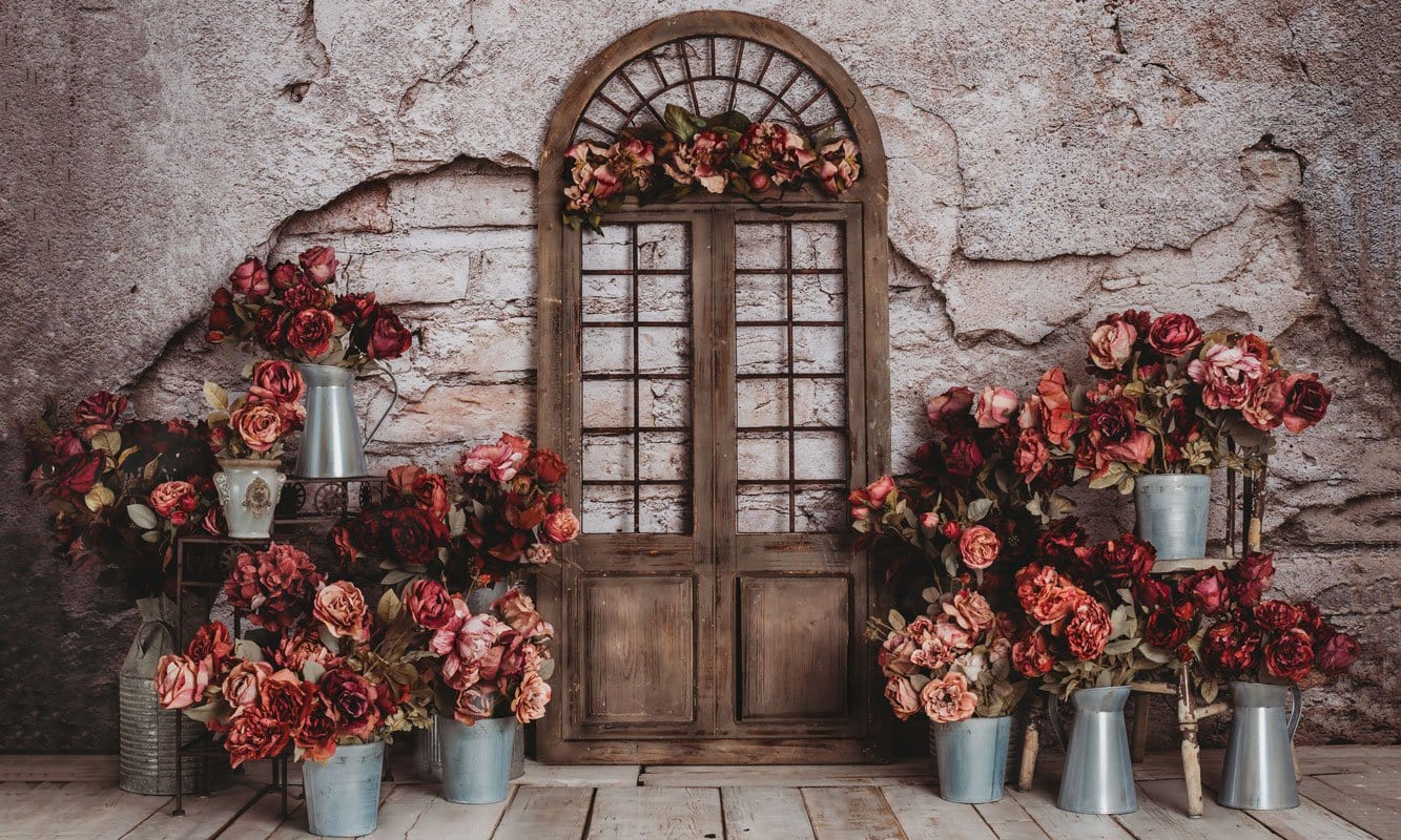 Kate Spring Red Flowers Door Do Old Brick Wall backdrop Designed by Rose Abbas - Kate Backdrop