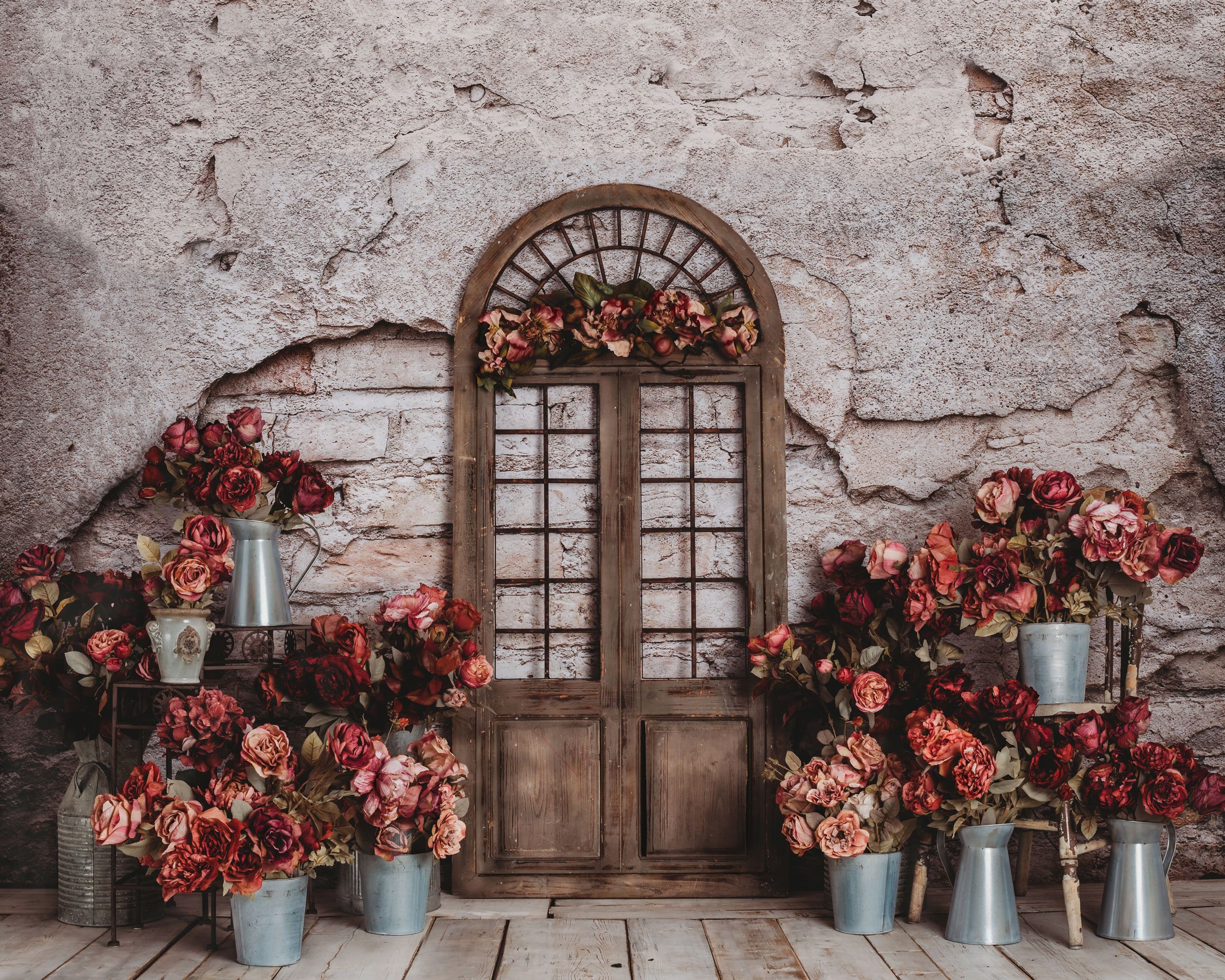 Kate Spring Red Flowers Door Do Old Brick Wall backdrop Designed by Rose Abbas - Kate Backdrop