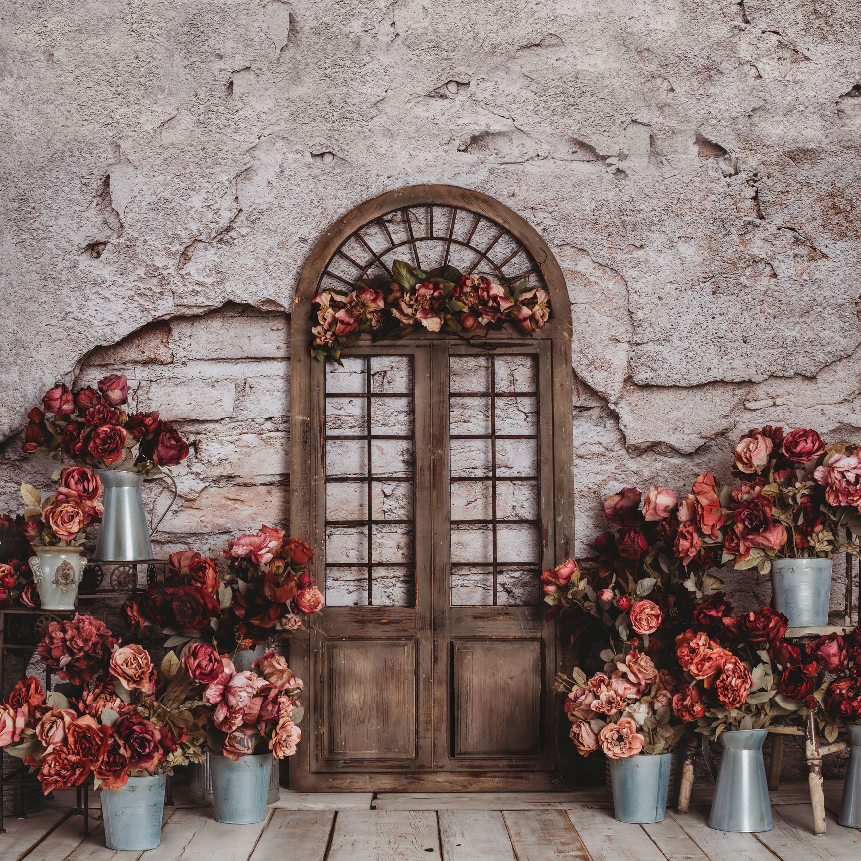 Kate Spring Red Flowers Door Do Old Brick Wall backdrop Designed by Rose Abbas - Kate Backdrop