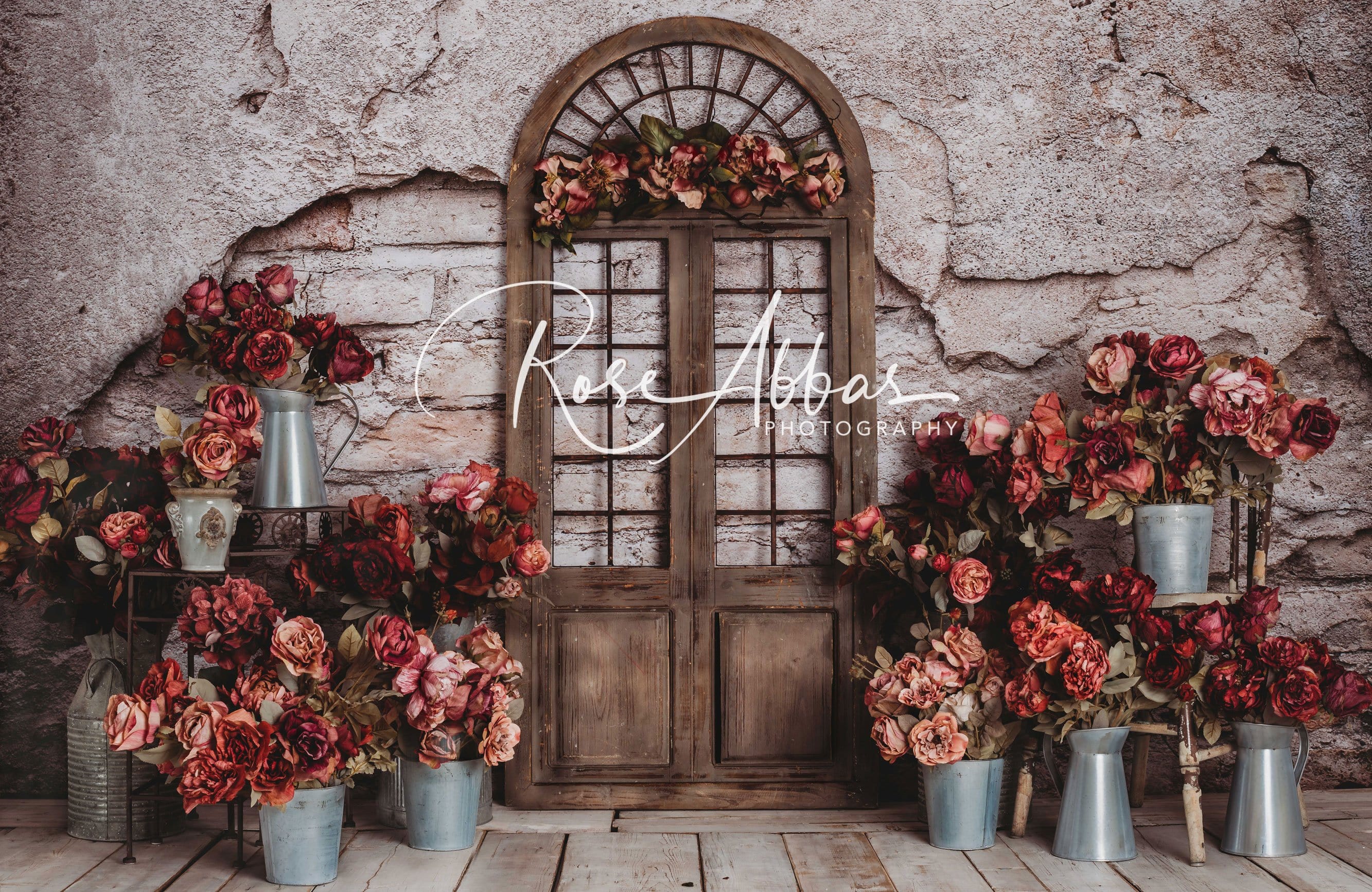 Kate Spring Red Flowers Door Do Old Brick Wall backdrop Designed by Rose Abbas - Kate Backdrop