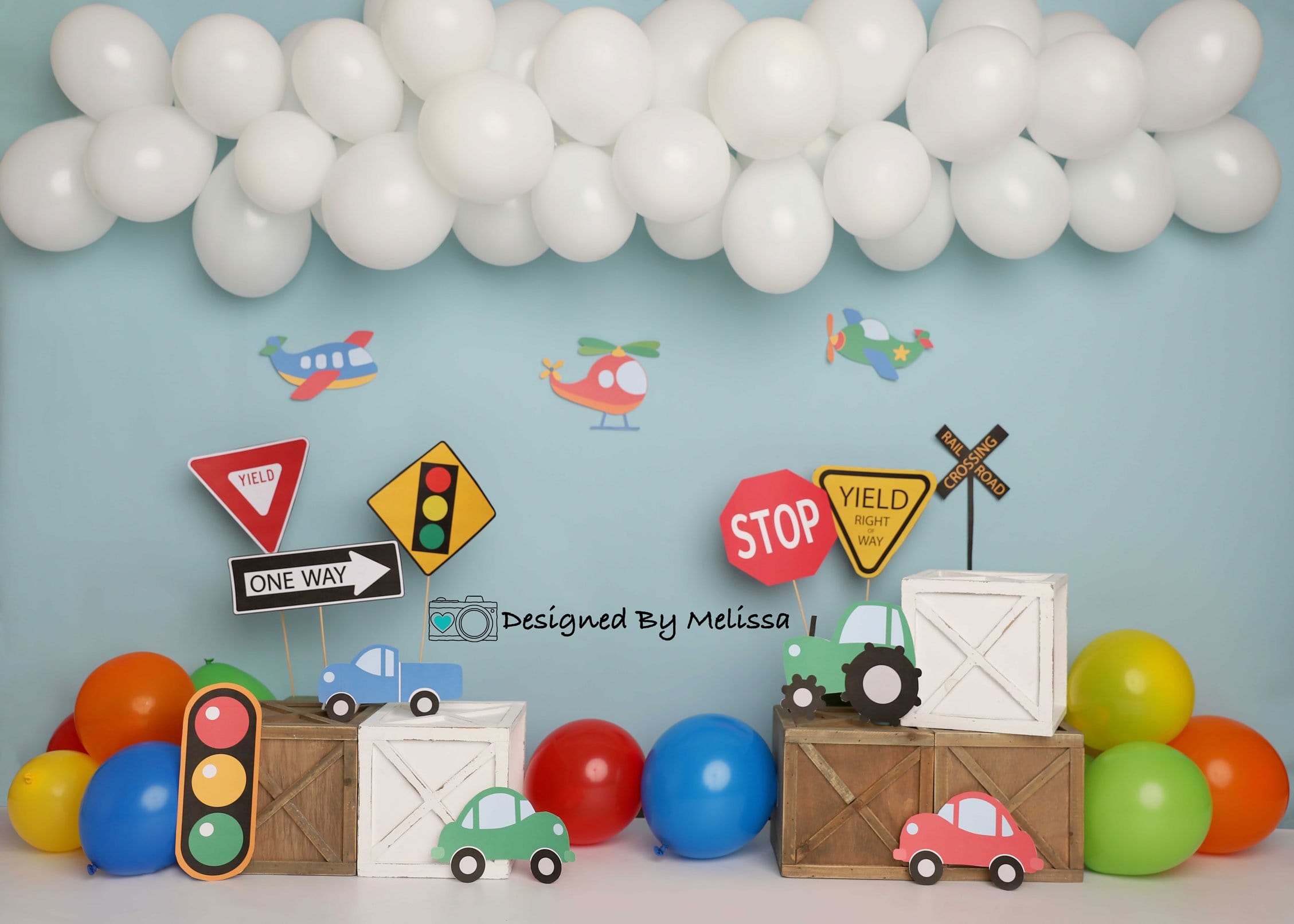 Kate Colorful Birthday Cars Trucks Airplanes Backdrop Designed by Melissa King - Kate Backdrop