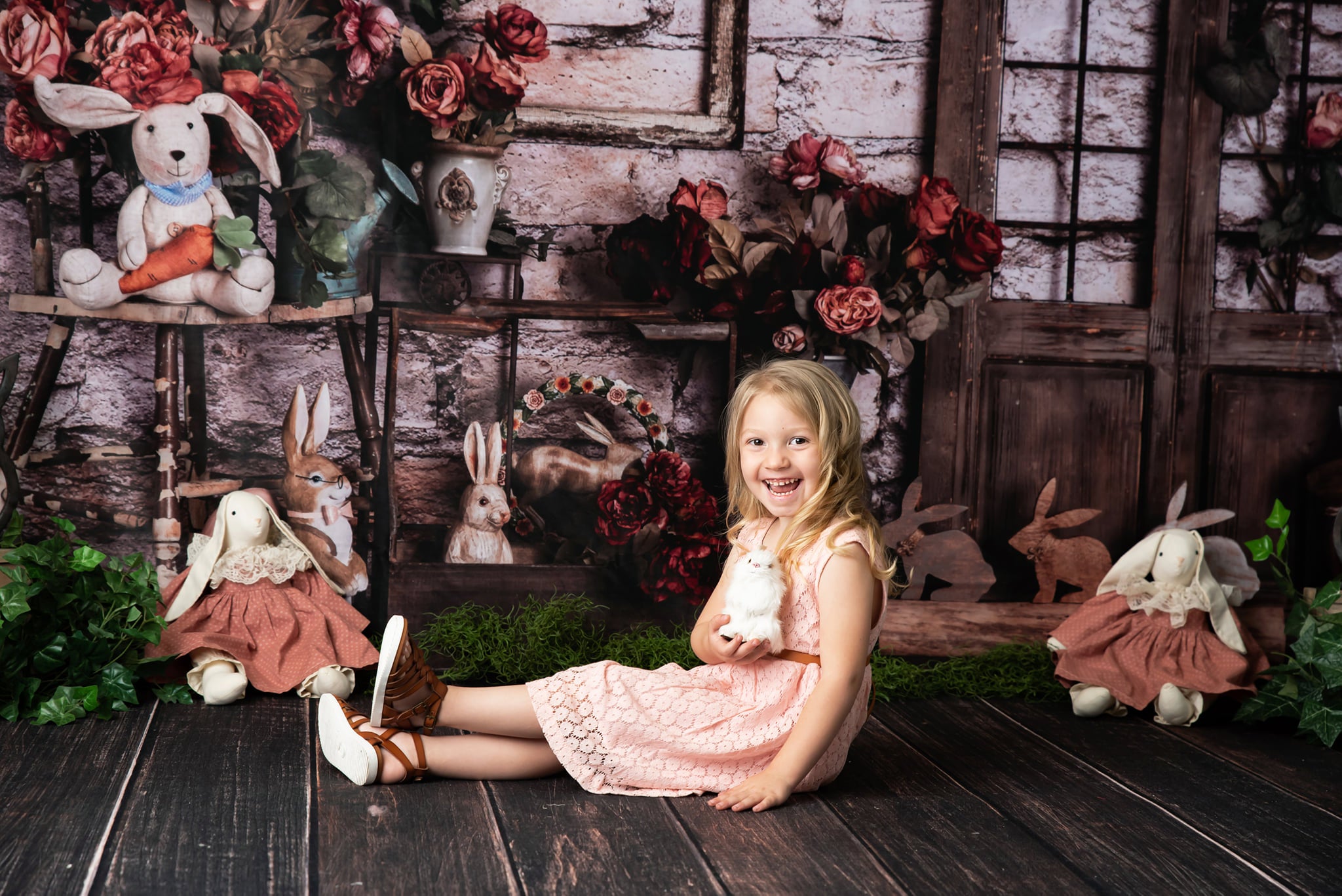 Kate Spring Easter Bunny Red Flowers Backdrop Designed by Rose Abbas - Kate Backdrop