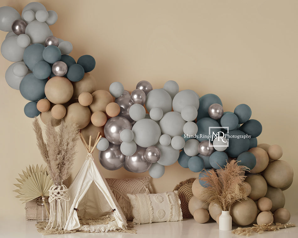 Kate 7x5ft Boho Balloons Tent Backdrop Matte Blue Designed by Mandy Ringe Photography(only ship to Canada)