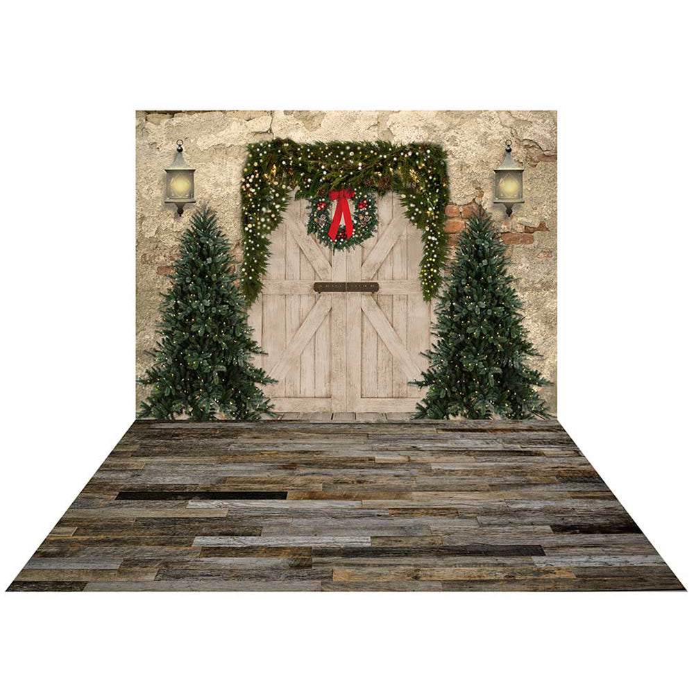 Kate Christmas Brick Wall Door Backdrop+Vintage Dark Wood Rubber Floor Mat - Kate Backdrop