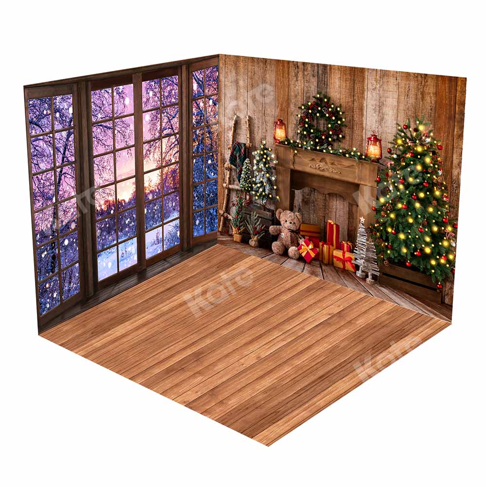 Kate Christmas Tree Snow Scene Window Fireplace Room Set(8ftx8ft&10ftx8ft&8ftx10ft) - Kate Backdrop