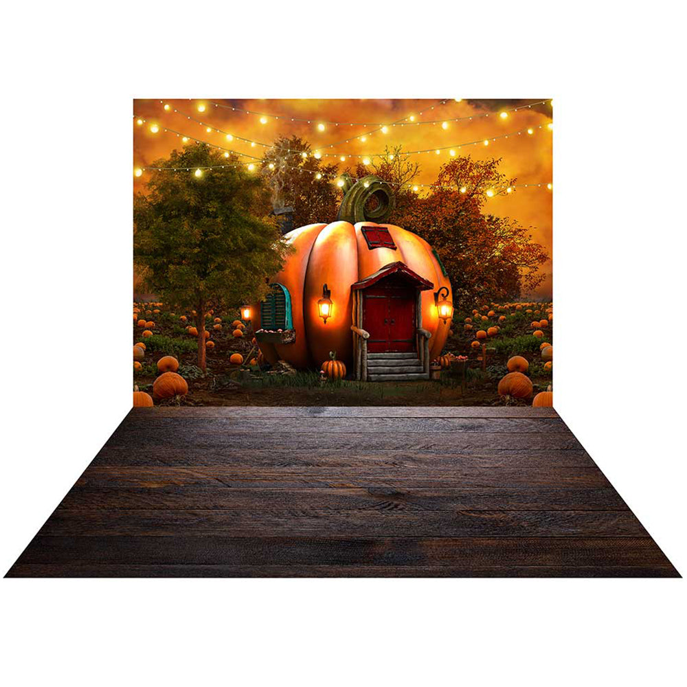 Kate Fall Pumpkin House Backdrop+ Dark Wood Barn Rubber Floor Mat - Kate Backdrop