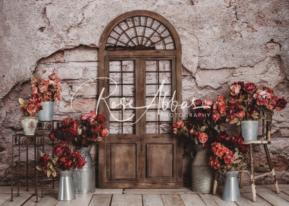 Kate Old Floral Backdrop Brick Door for Photography Designed By Rose Abbas