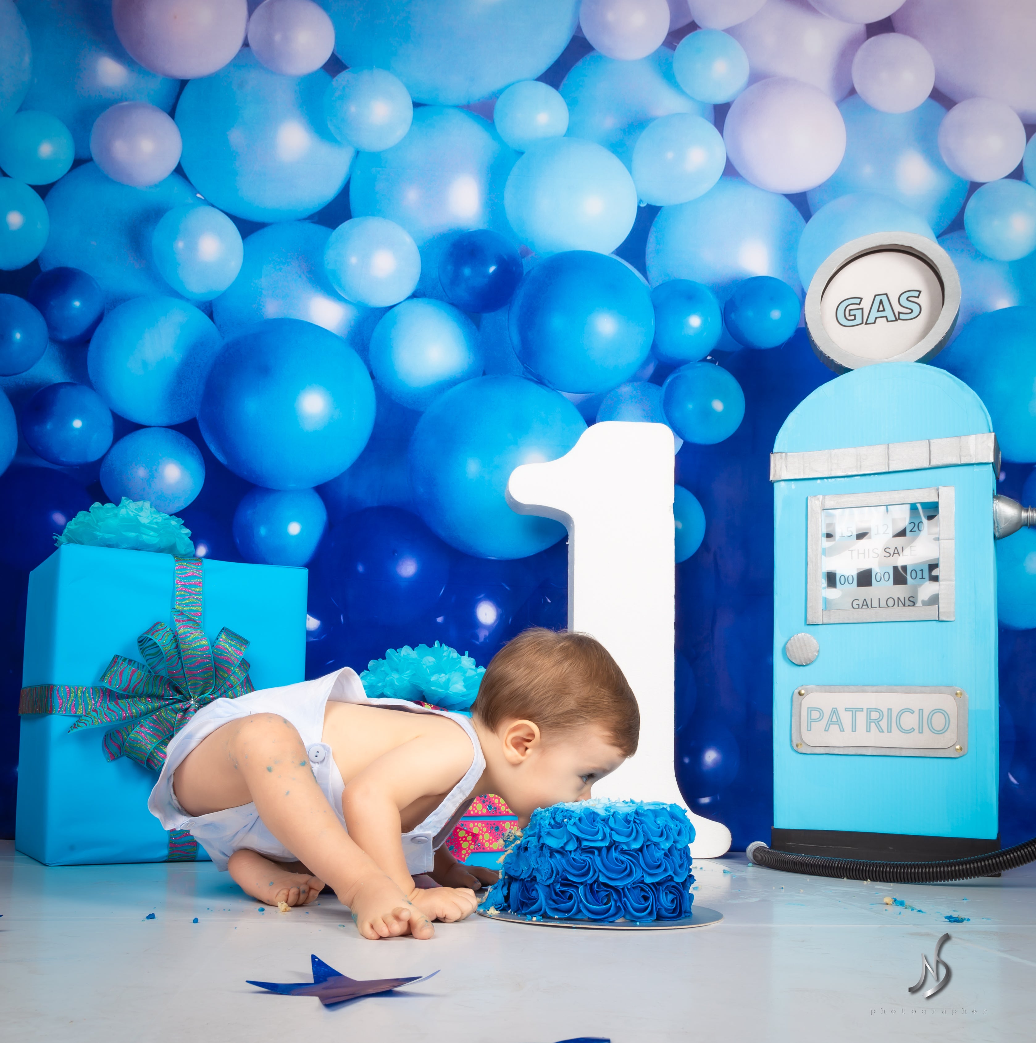 Kate Shades of Blue Balloon Wall Children Backdrop for Photography Designed by Mandy Ringe Photography - Kate Backdrop