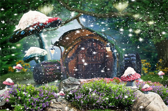 Snow Glitter Backdrop Mushrom Wooden Cabin voor Fotografie