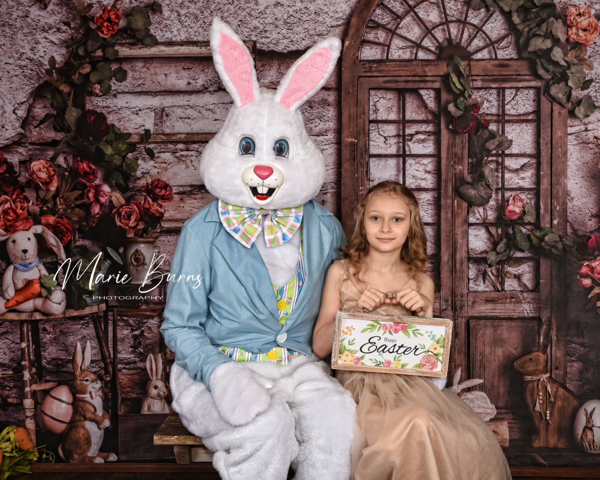 Kate Spring Easter Bunny Red Flowers Backdrop for Photography