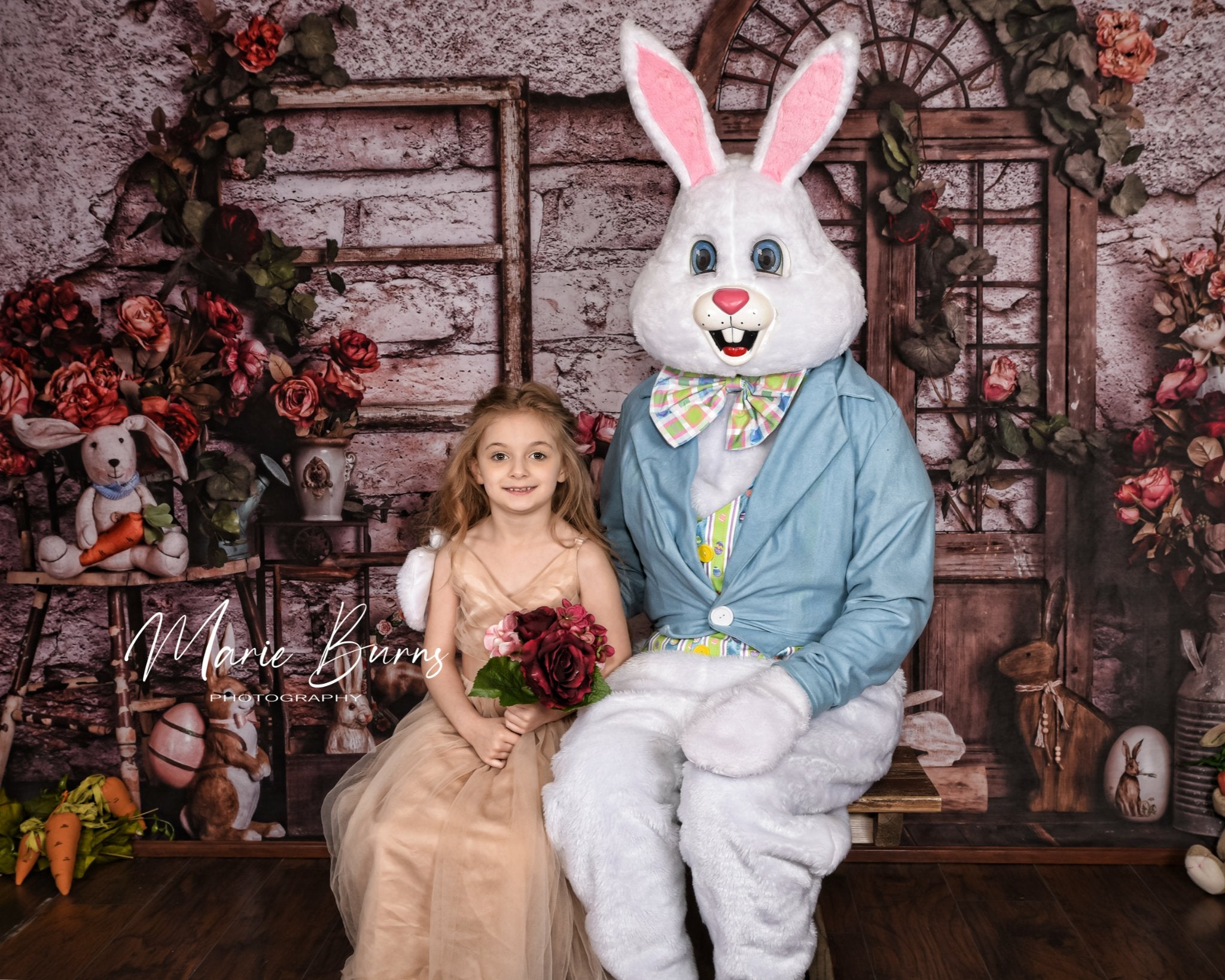 Kate Spring Easter Bunny Red Flowers Backdrop Designed by Rose Abbas - Kate Backdrop