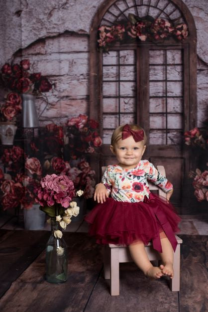 Kate Spring Red Flowers Door Do Old Brick Wall backdrop Designed by Rose Abbas - Kate Backdrop