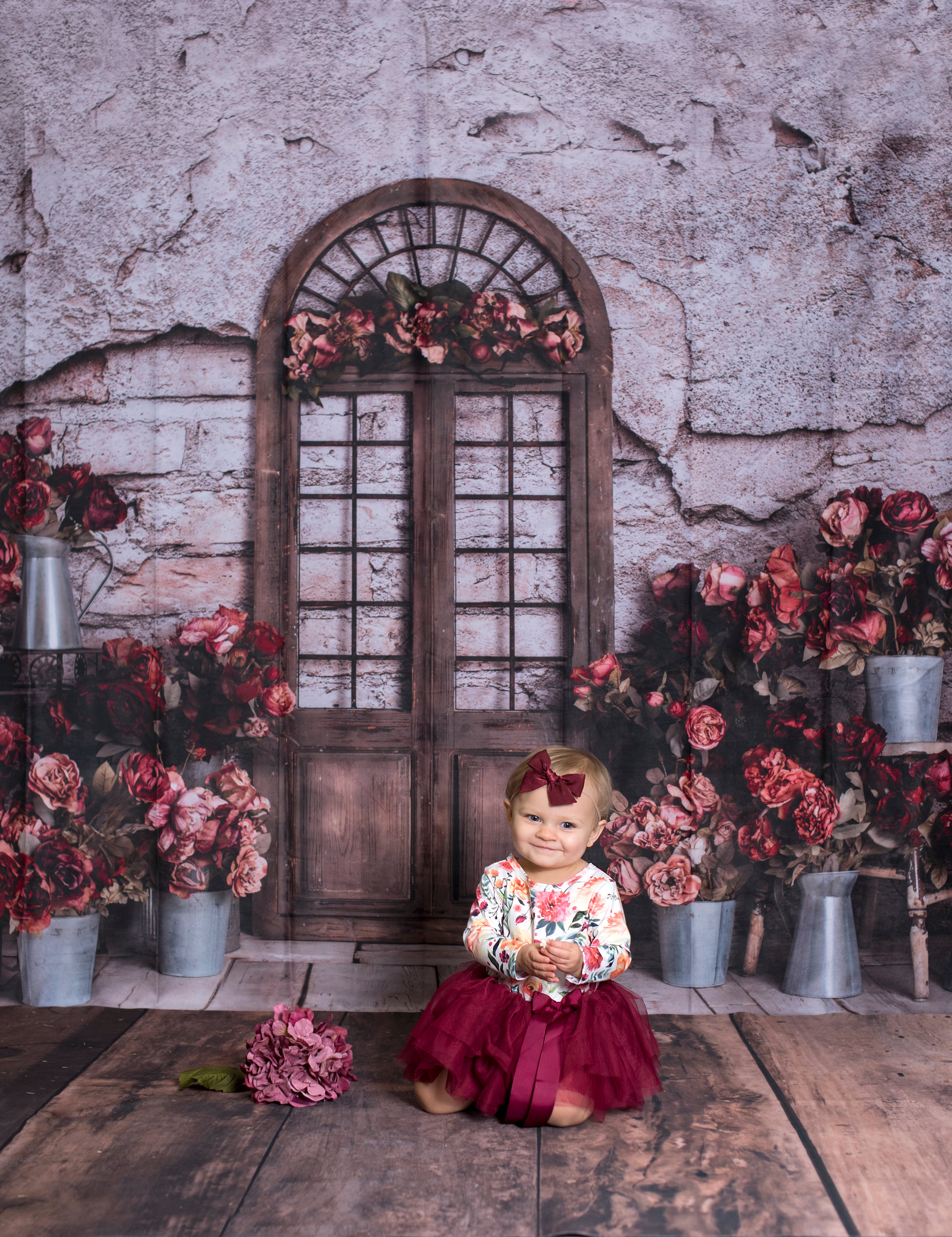 Kate Spring Red Flowers Door Do Old Brick Wall backdrop Designed by Rose Abbas - Kate Backdrop