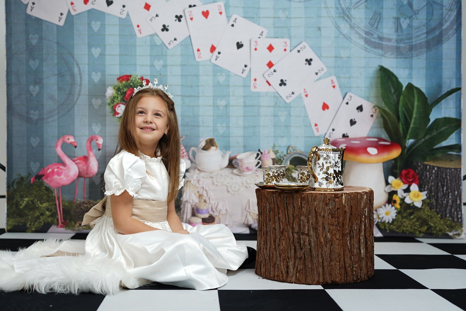 Kate Tea Party with Alice Backdrop+Black&White Checker Rubber Floor Mat - Kate Backdrop