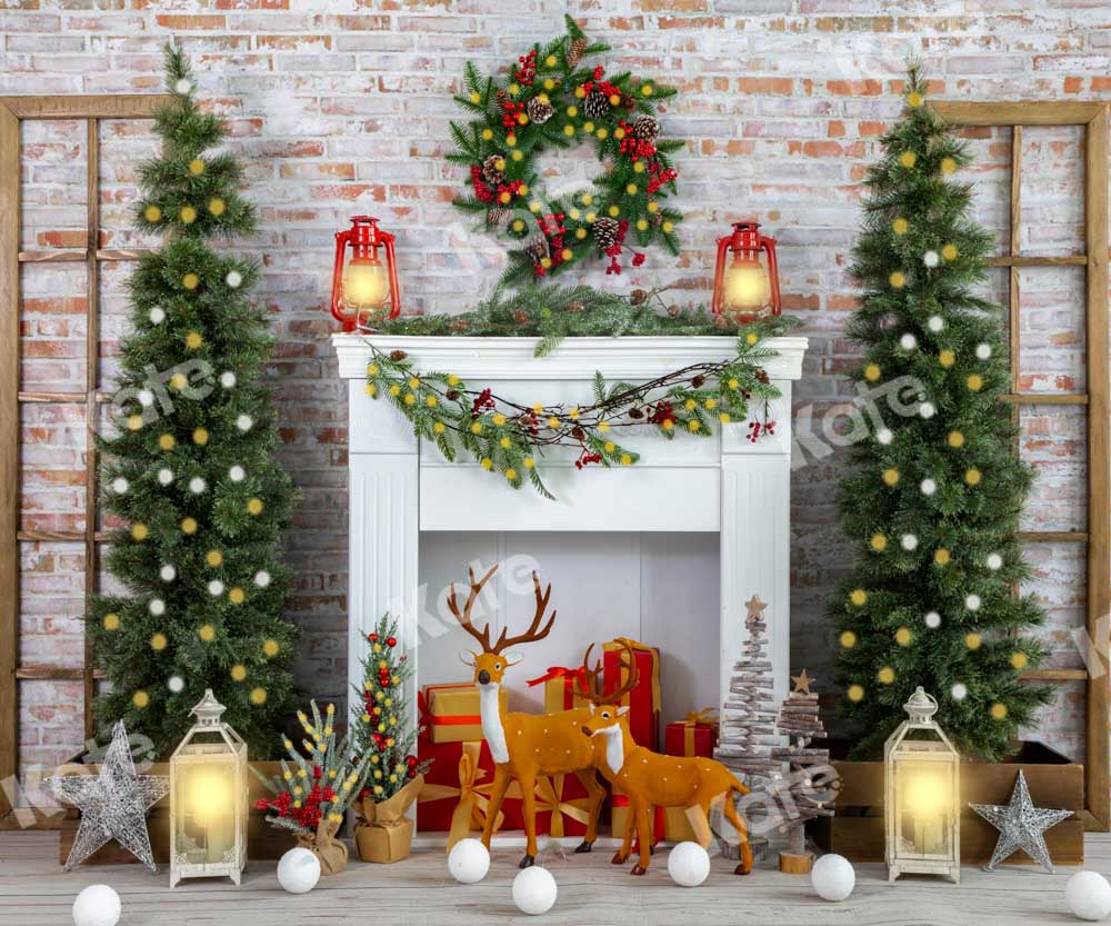 Kate Christmas Tree Winter Navy Fireplace Gold Ornaments Gifts Backdro