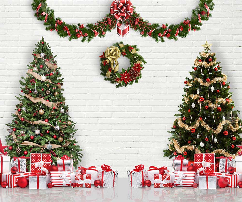 Kate Christmas Brick Wall Backdrop Tree Wreath Gift for Photography - Kate Backdrop