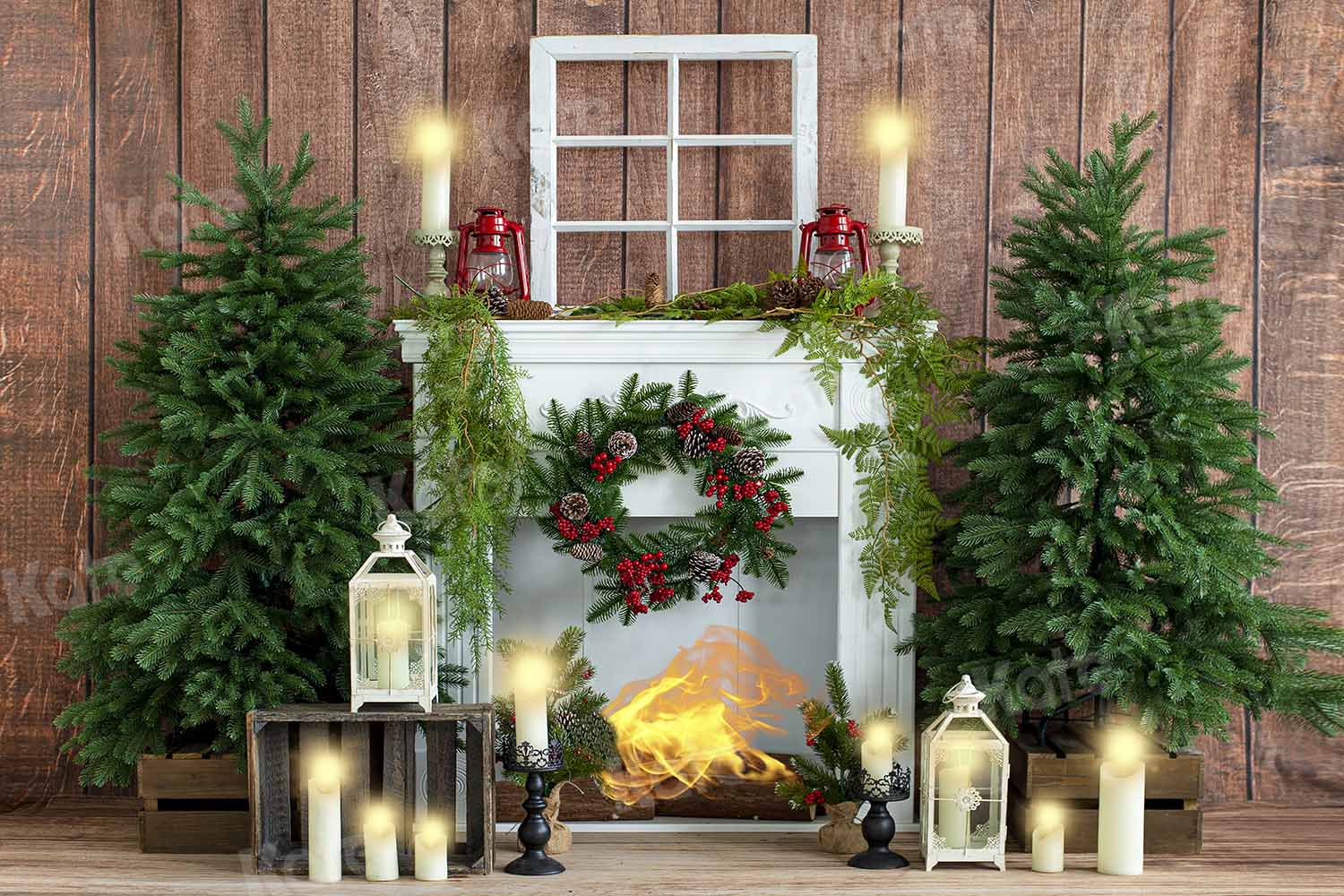 Kate Christmas Candle Fireplace Wood House Backdrop Designed by Emetselch - Kate Backdrop