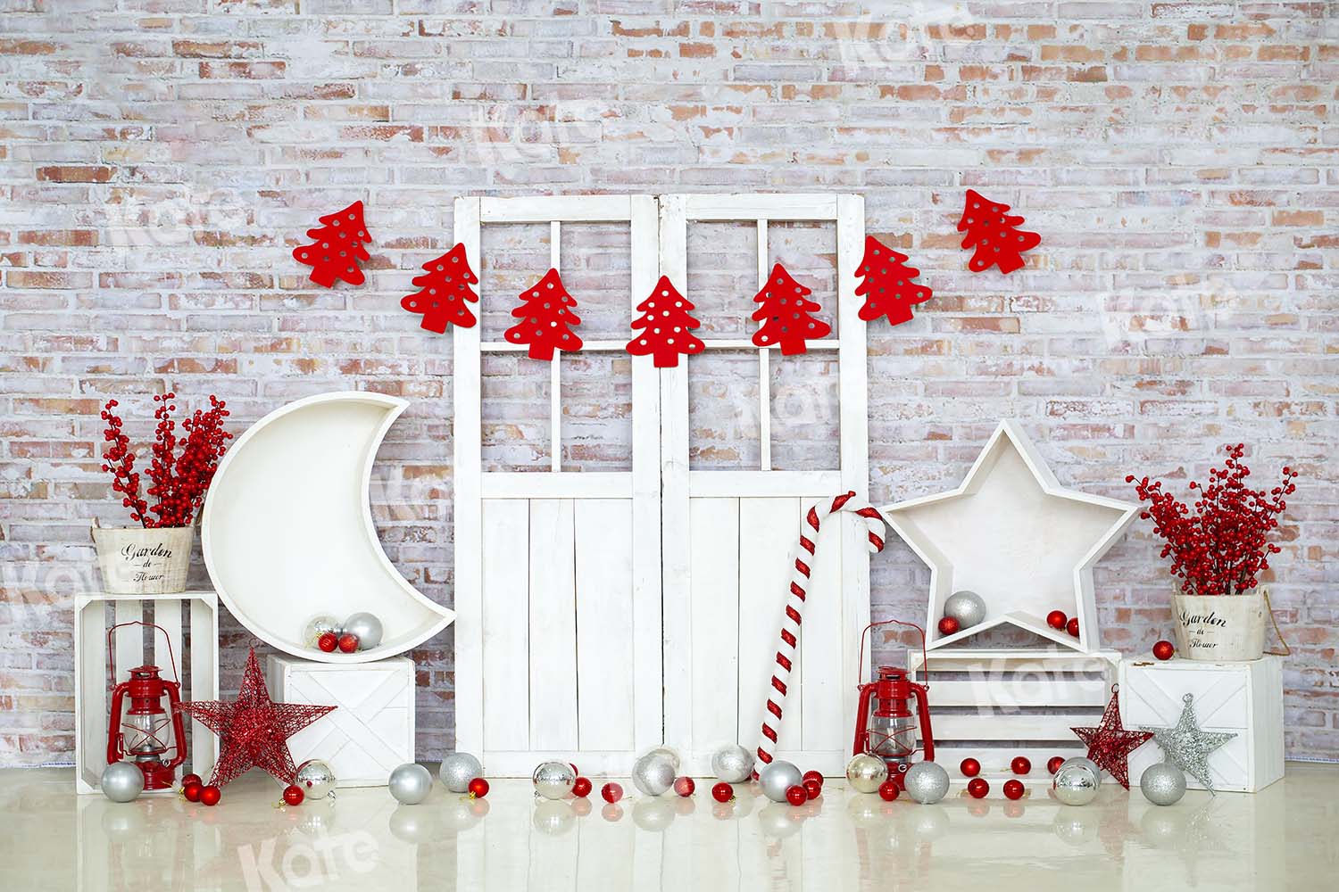 Kate Christmas Red Tree Barn Door White Brick Wall Backdrop Designed by Emetselch - Kate Backdrop