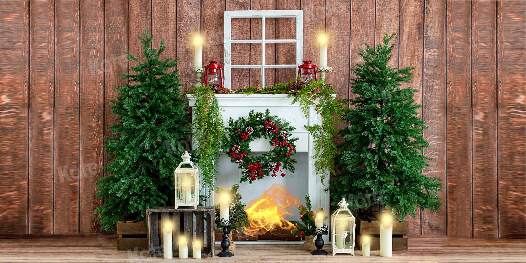 Kate Christmas Candle Fireplace Wood House Backdrop Designed by Emetselch - Kate Backdrop